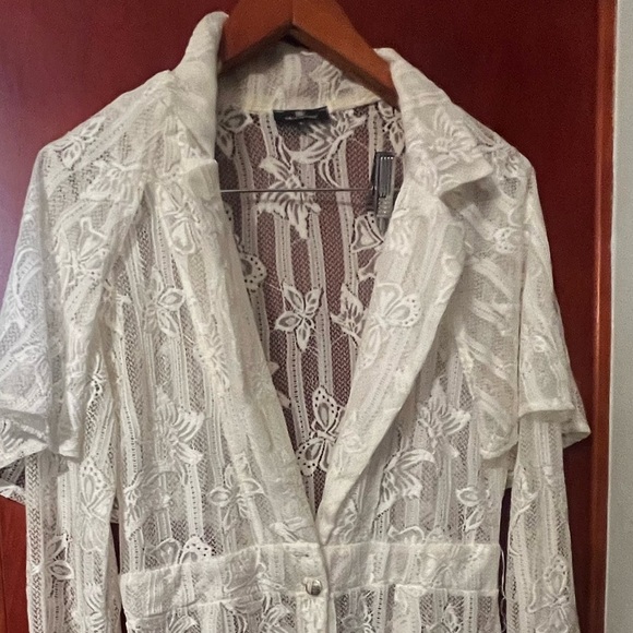 Valentine Cream See Thru Kimono Blouse Long Duster Sz L Women One Button - Picture 5 of 6